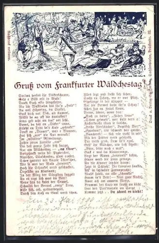 Lithographie Frankfurt-Niederrad, Frankfurter Wäldchestag, Leierkastenmann und Feiernde