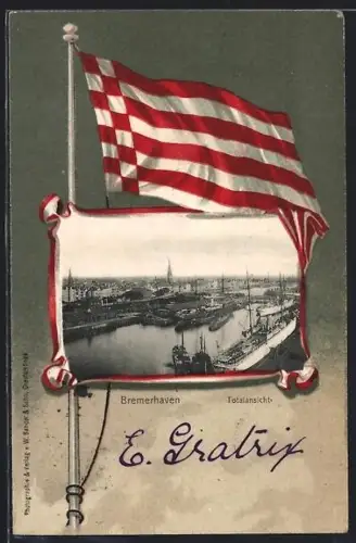 Lithographie Bremerhaven, Totalansicht, Flagge, Passepartout