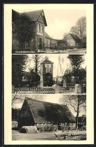 AK Behringen / Lüneburger Heide, Geschäftshaus, Gedenkstein, Räucherhaus