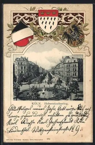 Passepartout-Lithographie Köln-Neustadt, Hohenstaufenring mit Springbrunnen, Wappen