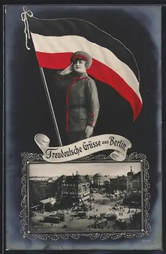 Grusskarten-AK Berlin, Potsdamer Platz mit Strassenbahn, Soldatin salutiert vor Reichsfahne