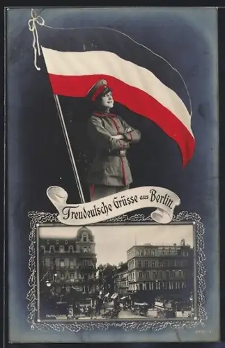 Grusskarten-AK Berlin, Unter den Linden mit Strassenbahn, Soldatin mit Flagge