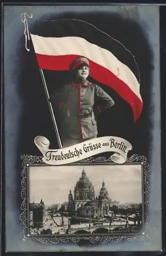 AK Berlin, Dom im Passepartout, Frau in Heeres-Uniform, Nationalfahne