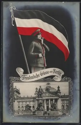 Grusskarten-AK Berlin, Reichstagsgebäude mit Bismarckdenkmal, Soldaten mit Flagge