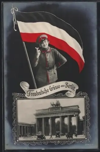 Grusskarten-AK Berlin-Tiergarten, Brandenburger Tor, Soldatin mit Flagge