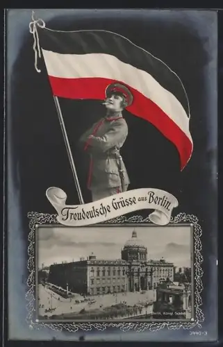 Grusskarten-AK Berlin, Königliches Schloss, Soldatin mit Flagge