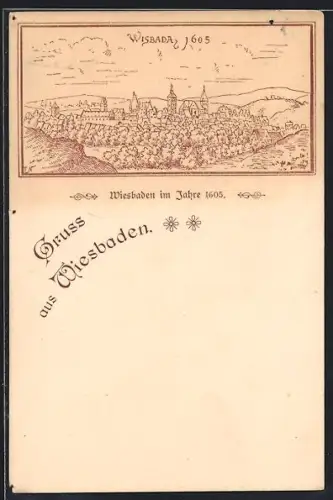 Lithographie Wiesbaden, Teilansicht im Jahre 1605