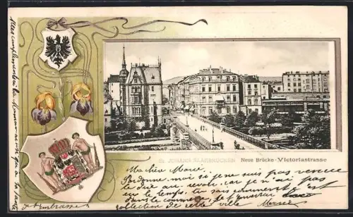 Passepartout-Lithographie Saarbrücken-St. Johann, Neue Brücke und Victoriastrasse, Wappen