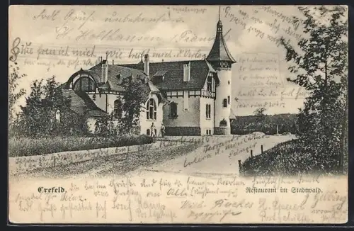 AK Crefeld, Restaurant im Stadtwald, Gebäudeansicht mit Strasse