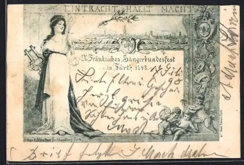 Lithographie Fürth, IX. Fränkisches Sängerbundesfest 1898, Teilansicht, Frau mit Leier