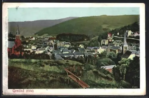 AK Gemünd /Eifel, Ortsansicht mit Kirche und umliegenden Bergen
