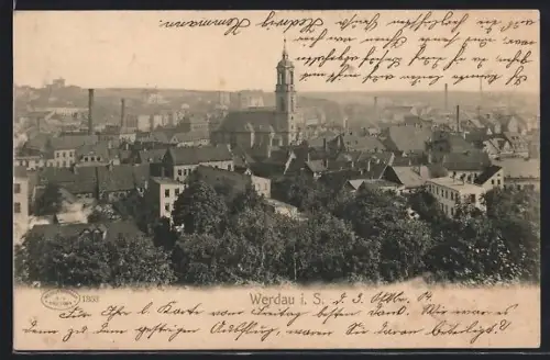 AK Werdau i. S., Stadtansicht mit Kirche und Fabrikschornsteinen
