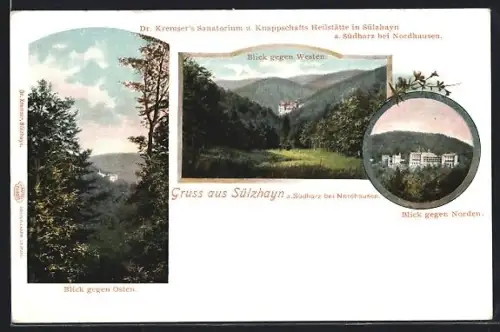 AK Sülzhayn /Südharz, Dr. Kremser`s Sanatorium, Knappschafts Heilstätte, Landschaftsansichten