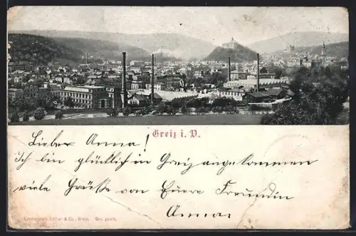 AK Greiz i. V., Panorama der Stadt mit Fabrikanlagen und Schloss