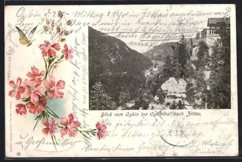 AK Oybin, Blick vom Oybin ins Oybintal nach Zittau
