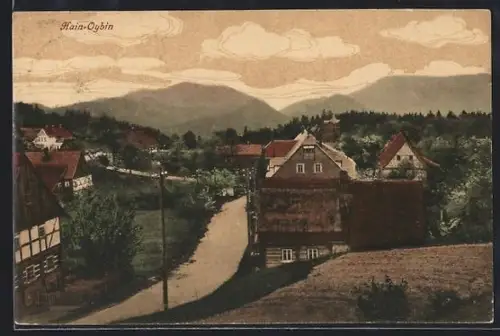 AK Hain-Oybin, Ortsansicht mit Fachwerkhäusern und Berglandschaft