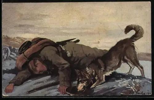Künstler-AK Sanitätshund findet einen verwundeten Soldaten