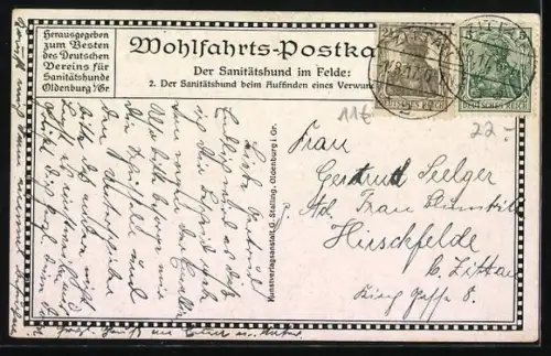 Künstler-AK Sanitätshund findet einen verwundeten Soldaten