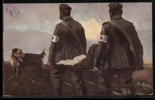 AK Ein vom Sanitätshund in einem vergessenen Geländewinkel entdeckter Schwerverwundeter auf dem Wege ins Feldlazarett