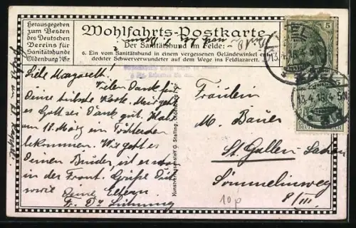 AK Ein vom Sanitätshund in einem vergessenen Geländewinkel entdeckter Schwerverwundeter auf dem Wege ins Feldlazarett