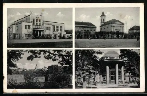 AK Theresienstadt / Terezin, Sokol, Kirche, Pavillon, Partie am Fluss