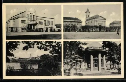 AK Theresienstadt / Terezin, Sokol, Kirche, Pavillon, Partie am Fluss