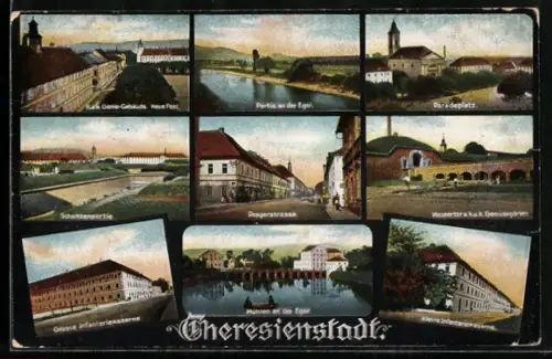 AK Theresienstadt / Terezin, Grosse Infanteriekaserne, Paradeplatz, Pragerstrasse, Kleine Infanteriekaserne