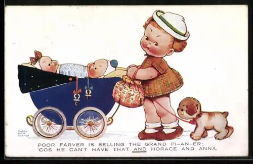 Künstler-AK Mabel Lucie Attwell: Kind schiebt Kinderwagen mit Hund an der Leine