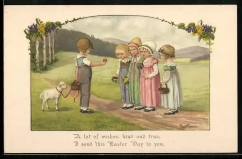 Künstler-AK Pauli Ebner: Junge mit Osterei und Lamm, Ostergruss