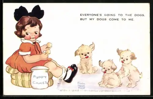 Künstler-AK sign. Freda Mabel Rose: Mädchen füttert Hunde mit Leckerlies