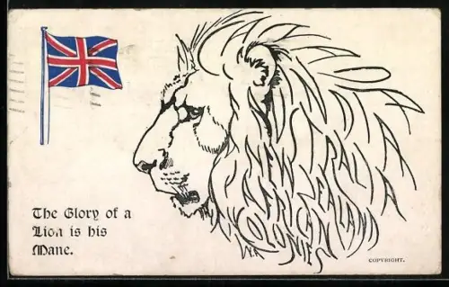 AK Löwenkopf und britische Flagge, The Glory of a Lion is his Mane, Propaganda Entente