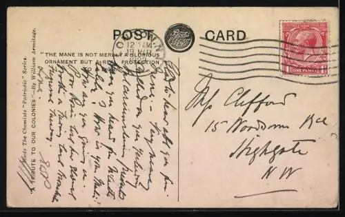 AK Löwenkopf und britische Flagge, The Glory of a Lion is his Mane, Propaganda Entente