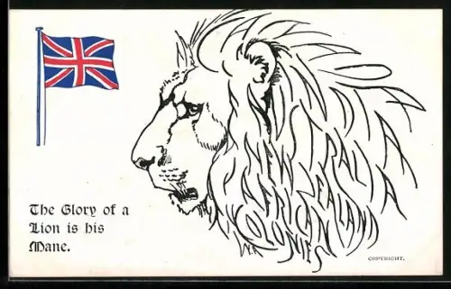 AK Löwe im Profil mit Union Jack, The Glory of a Lion is his mane, Propaganda Entente