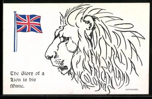 AK Löwenkopf und britische Flagge, The Glory of a Lion is his Mane, Propaganda Entente