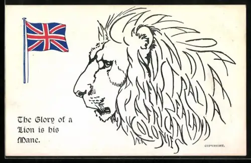 AK Löwenkopf und britische Flagge, The Glory of a Lion is his Mane, Propaganda Entente