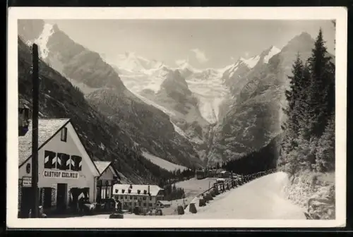 AK Trafoi, Gasthof Edelweis mit Gebirgspanorama