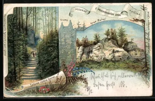 Lithographie Jitschin / Gitschin / Jicin, Trosky, Zelena rokle horni, Hrad Parez