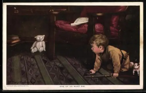 AK Einer von uns muss sterben, Kleiner Knabe mit Gewehr und Teddy