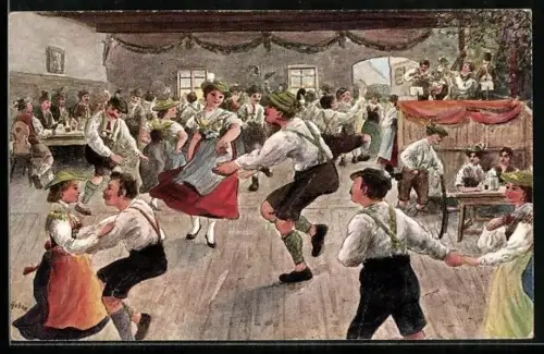 AK Paare beim Schuhplattlertanz in einer Wirtschaft