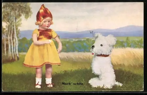 AK Mooi Op zitten, Mädchen und ein Hund, Puppen, Mutzipuppen und Mutzitiere