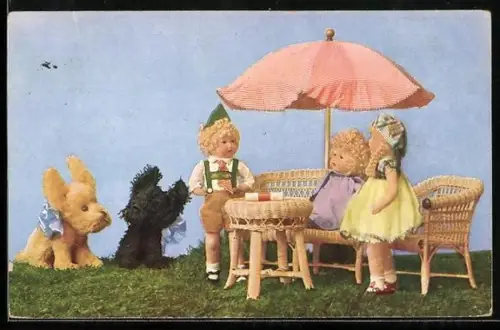 AK Puppen beim Picknick