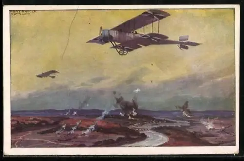 Künstler-AK Hans Rudolf Schulze: Militärdoppeldecker auf Erkundungsflug an der Marne