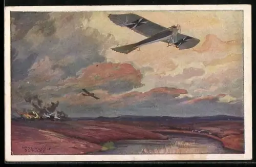 Künstler-AK Hans Rudolf Schulze: Deutscher Luftflotten-Verein, Militärtaube bei Erkundungsflug bei den masurischen Seen