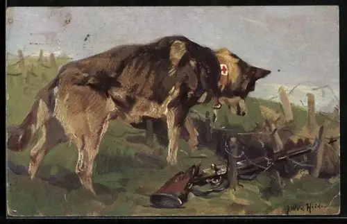 Künstler-AK Sanitätshund entdeckt in einer Wolfsgrube einen Verwundeten