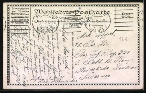 Künstler-AK Sanitätshund entdeckt in einer Wolfsgrube einen Verwundeten