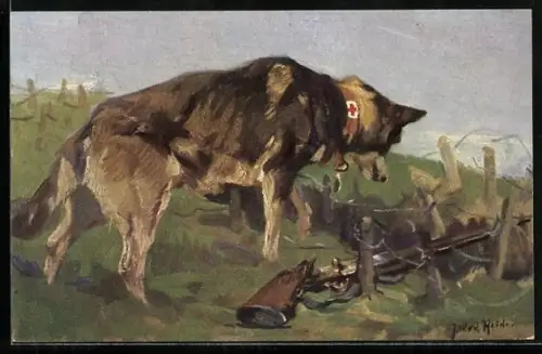 Künstler-AK Sanitätshund entdeckt einen Verwundeten in einer Wolfsgrube