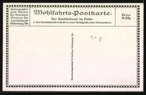 Künstler-AK Sanitätshund entdeckt einen Verwundeten in einer Wolfsgrube