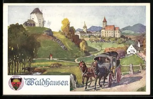 AK Deutscher Schulverein Nr. 284: Waldhausen im Strudengau, Partie mit Kutsche