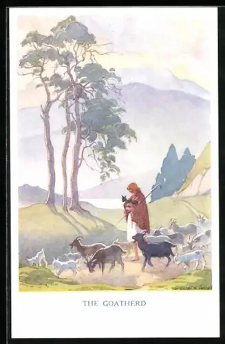 Künstler-AK Margaret W. Tarrant: The Goatherd, Hirte mit seinen Ziegen