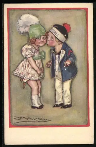 Künstler-AK Mauzan: Kleiner Matrose gibt seiner Freundin einen schüchternen Kuss